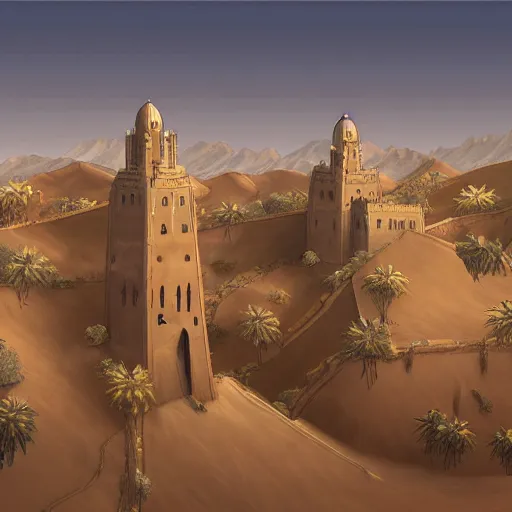 Prompt: detailed and highly intricate art of standstone walls protecting a large desert kingdom with many buildings and towers, 8 k concept fantasy art illustration