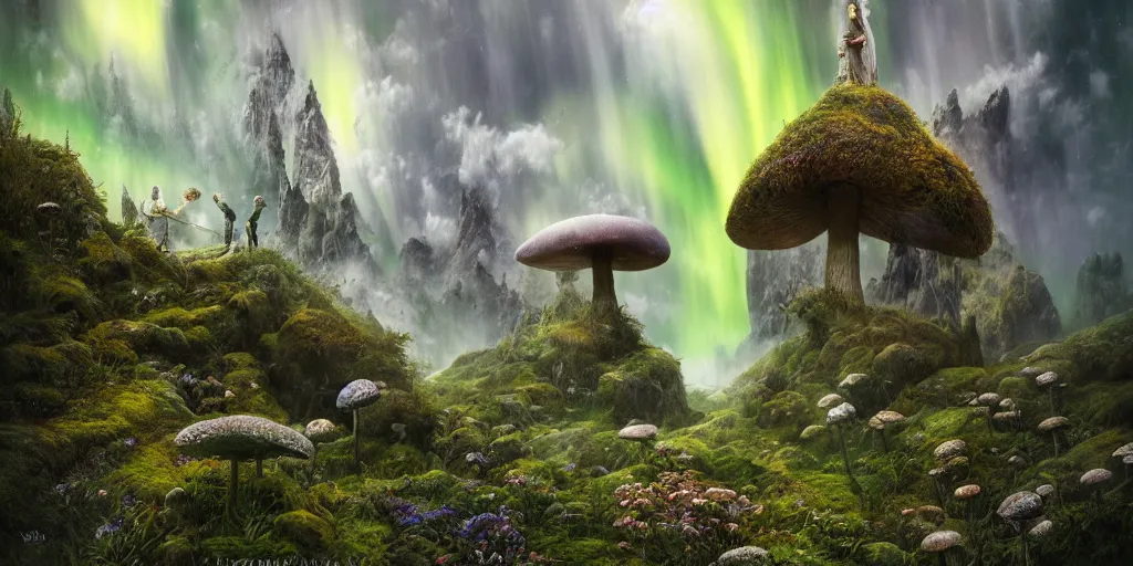 Prompt: surreal fairyland scenery landscape, lord of the rings, aurora borealis, mist, monoliths, flowers, mushroom structures, moss highly detailed, vivid color, perfect lighting, perfect composition, 8 k, brian froud, artgerm, derek zabrocki, greg rutkowski