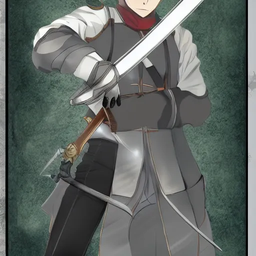 Image similar to anime fencer, male, fantasy, battlefield, sword drawn,