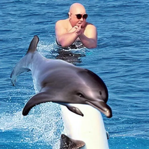 Image similar to “Dr. Evil riding on the back of a dolphin”