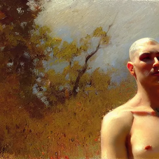 Image similar to a man with a buzz cut haircut, painting by Gaston Bussiere, Craig Mullins