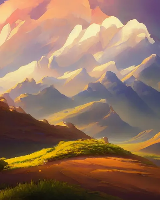 Image similar to a painting of a landscape with mountains and clouds, a matte painting by rhads, behance contest winner, fantasy art, 2 d game art, matte painting, concept art