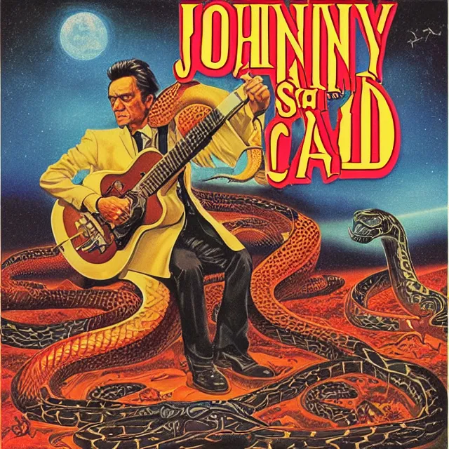 Prompt: album cover for Johnny Cash: The Snake Oil Tapes, album art by Ron Walotsky, snake oil album, snakes