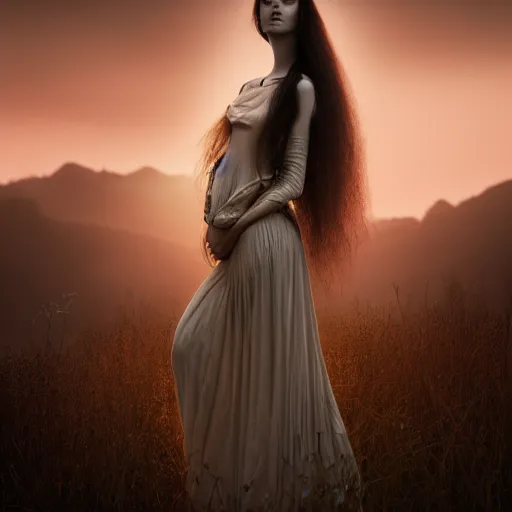 Prompt: photographic portrait of a stunningly beautiful gothic art nouveau secessionist movement female in soft dreamy light at sunset, contemporary fashion shoot, by edward robert hughes, annie leibovitz and steve mccurry, david lazar, jimmy nelsson, breathtaking, 8 k resolution, extremely detailed, beautiful, establishing shot, artistic, hyperrealistic, beautiful face, octane render