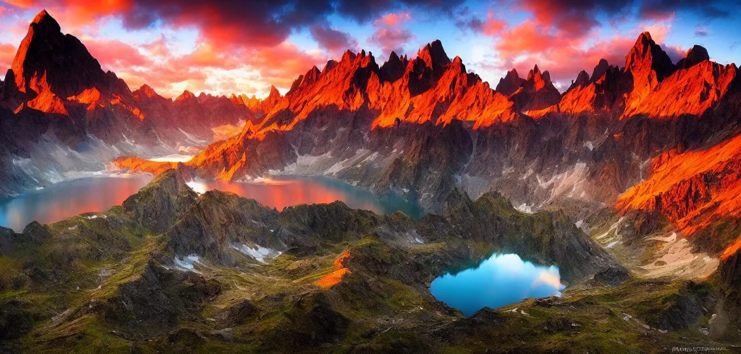 Image similar to amazing landscape photo of mountains with lake in sunset by marc adamus, beautiful dramatic lighting