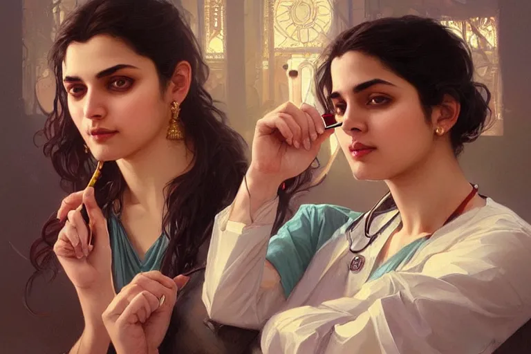 Image similar to Anxious good looking pale young Indian doctors drinking, portrait, elegant, intricate, digital painting, artstation, concept art, smooth, sharp focus, illustration, art by artgerm and greg rutkowski and alphonse mucha