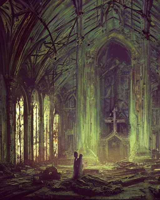 Image similar to a highly detailed epic cinematic concept art CG render digital painting artwork: old dead couple at a decayed church altar surrounded by dark figures. triadic color scheme, By Greg Rutkowski, in the style of Francis Bacon and Syd Mead and Edward Hopper and Norman Rockwell and Beksinski, open ceiling, highly detailed, painted by Francis Bacon, painted by James Gilleard, surrealism, airbrush, Ilya Kuvshinov, WLOP, Stanley Artgerm, very coherent, art by Takato Yamamoto and James Jean