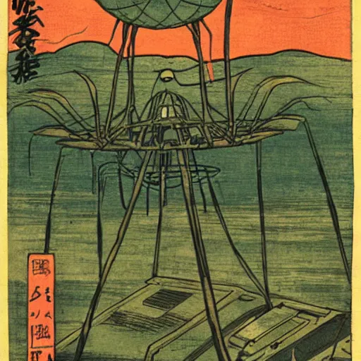 Image similar to war of the worlds, late meiji period, colored woodblock