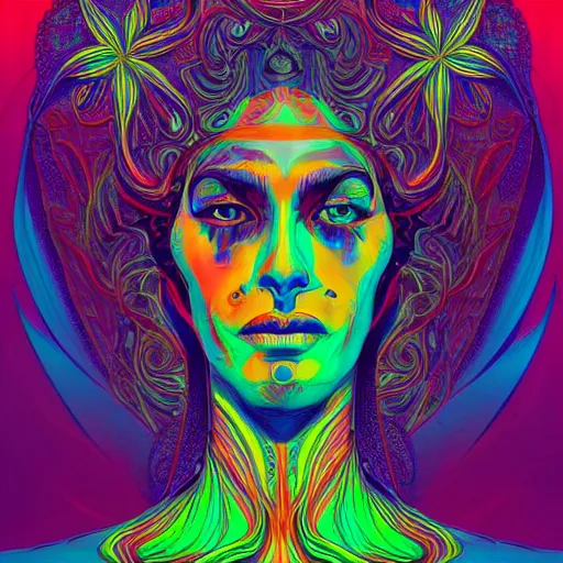 Image similar to A beautiful psychedelic portrait, surreal, LSD, face, detailed, intricate, elegant, lithe, highly detailed, digital painting, artstation, concept art, smooth, sharp focus, illustration, art by Kilian Eng