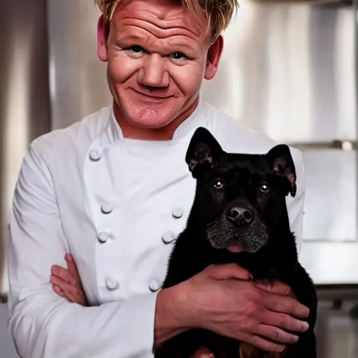 Image similar to gordon ramsay smiling ear to ear after making a dog dish