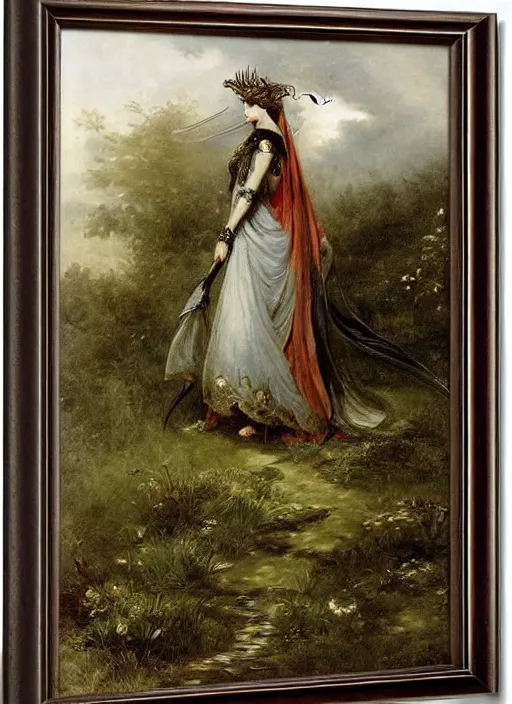 Prompt: woman in dark princess dragon armor, walking on the gloomy garden. by william henry hunt