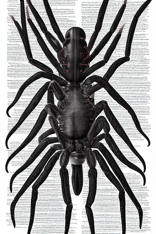 Image similar to anatomical encyclopedia illustration of a disturbing! alien spider, photorealistic, diagram