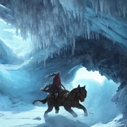 Image similar to riding the warcat into the translucent ice caves. melancholy undertones, high fantasy art official contest submission greg rutkowski 3 8 4 0