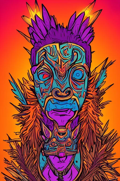 Image similar to totem animal mask tribal feather gemstone plant wood rock shaman vodoo video game vector cutout illustration vivid color borderlands comics by josan gonzales and dan mumford radiating a glowing aura