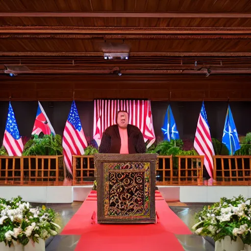 Prompt: professional photograph of an obese ugly white man wearing a mao suit speaking on a podium in an indoor setting, highly detailed, highly intricate, 8k,