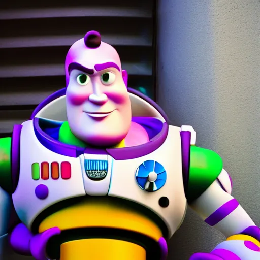 Image similar to UHD candid photo of Buzz Lightyear on skid row, UHD, photorealistic, correct face, photo by Annie Leibowitz