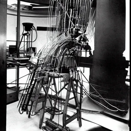 Prompt: filmstill of Marcel Duchamp working on a futuristic machine, long exposure, minimal composition, rule of thirds, archival pigment print
