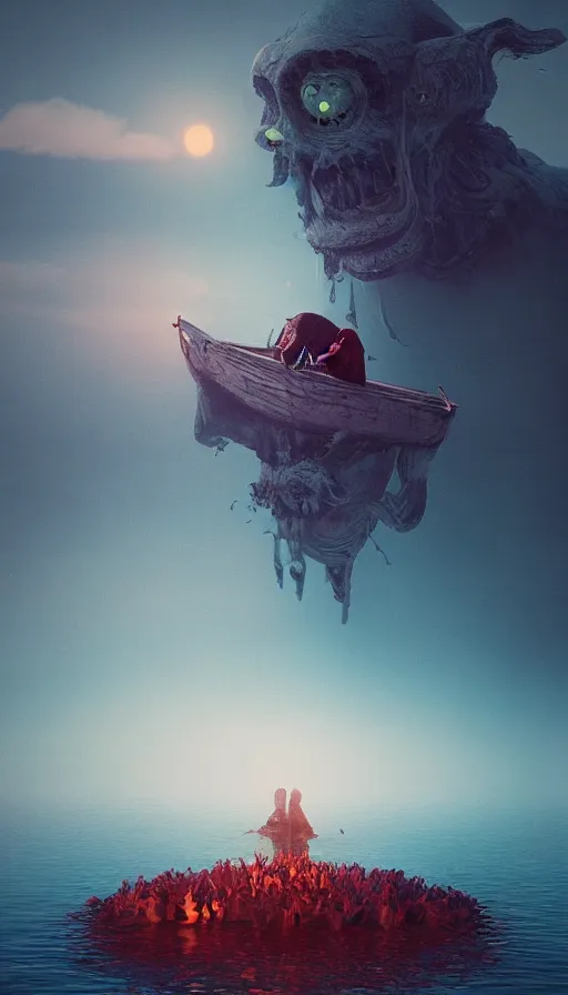 Image similar to man on boat crossing a body of water in hell with creatures in the water, sea of souls, by beeple