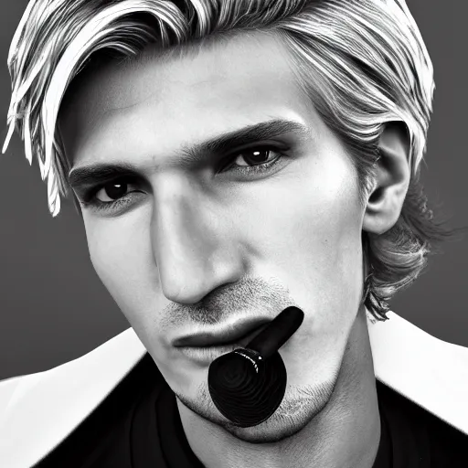 Image similar to a closeup photo of handsome gigachad xqc smoking a cigar, 8k photorealism, extremly detailed, trending on artstation