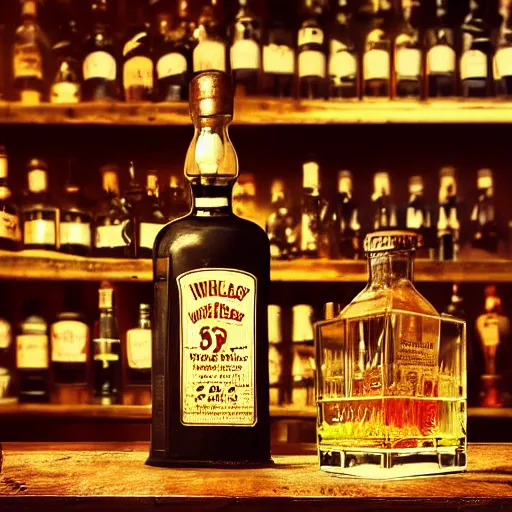 Image similar to an old vintage bottle of whisky on the shelf of a very vintage bar, trending on artstation