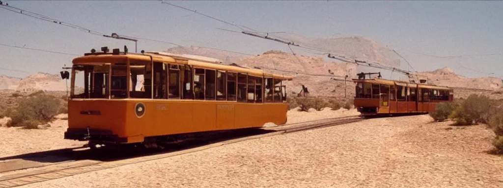 Image similar to a 1970!!!s tramway!! in the middle of a desert!!