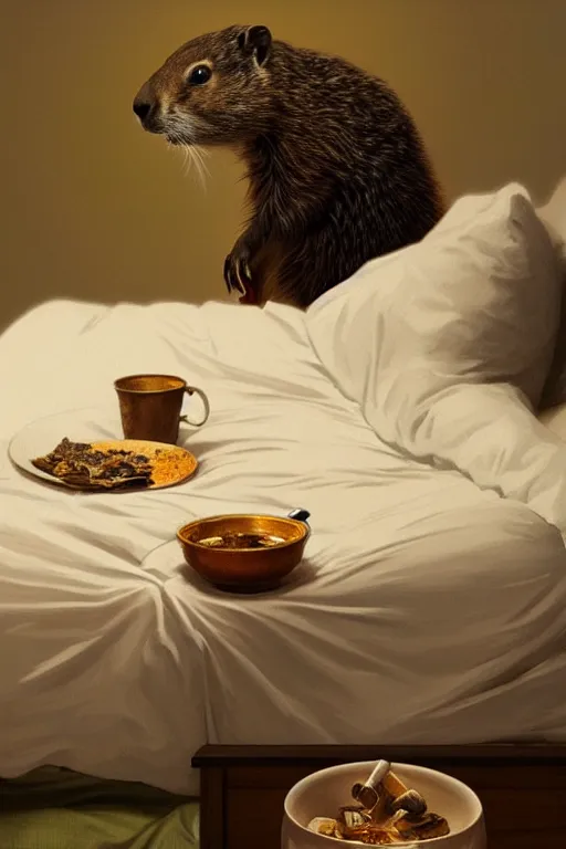 Image similar to groundhog smoking pot lies on the bed, realistic portrait, highly detailed, digital painting, artstation, concept art, smooth, sharp focus, illustration, cinematic lighting, art by artgerm and greg rutkowski and alphonse mucha