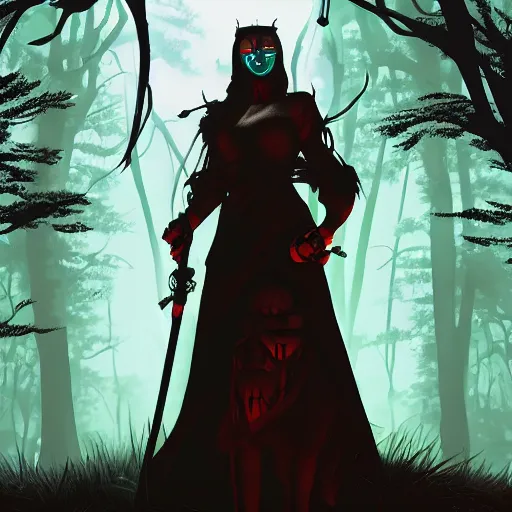 Image similar to medieval iron maiden in the dark forest by ilya kuvshinov, zemyata hd 8k