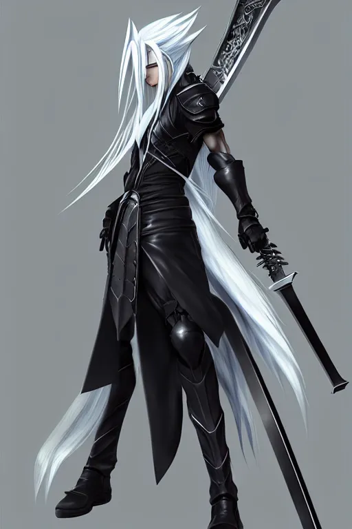 Prompt: sephiroth from final fantasy full view character design, highly detailed, wlop style, artstation, soft light, sharp focus, illustration