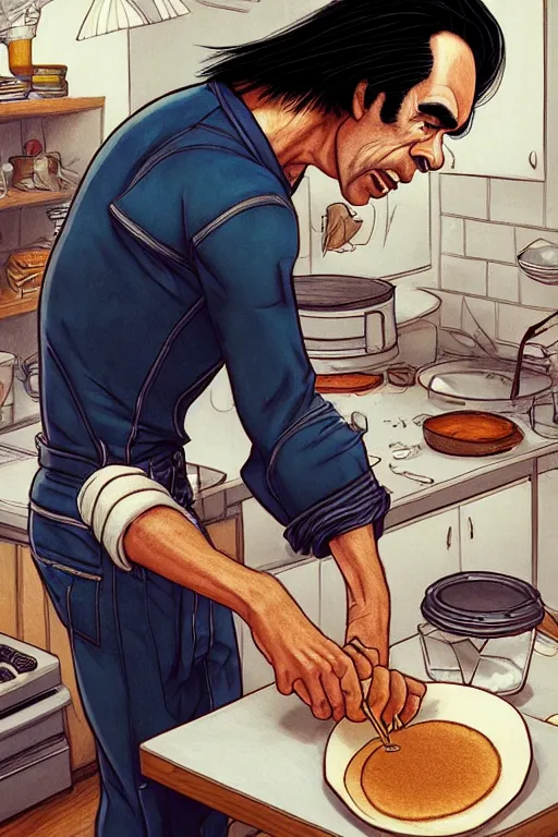 Image similar to 1 9 8 5 nick cave making pancakes, animation pixar style, by pendleton ward, magali villeneuve, artgerm, rob rey and kentaro miura style, golden ratio, trending on art station