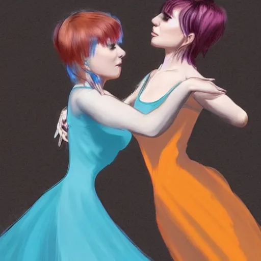 Image similar to two young women dancing together, one with short brown hair and one with blue hair, dramatic, trending on artstation