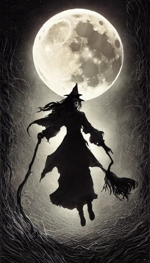 Prompt: book cover art, detailed close-up camera view of a witch in front of the full big moon, dramatic lighting, cinematic, establishing shot, extremely high detail, photo realistic, cinematic lighting, intricate line drawings, by Yoshitaka Amano, Ruan Jia, Kentaro Miura, Artgerm, post processed, concept art, artstation, matte painting, style by eddie mendoza, raphael lacoste, alex ross
