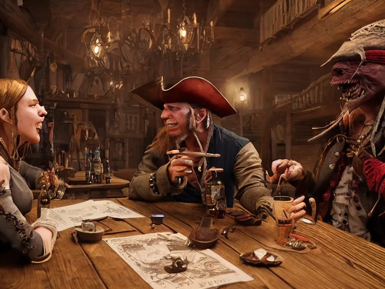 Image similar to A pirate and a goblin negotiate a contract with a vampire in a western saloon, 8k ultra realistic, detailed, intricate, full of colour, cinematic lighting, trending on artstation, 4k, hyperrealistic, focused, extreme details, unreal engine 5, cinematic, masterpiece