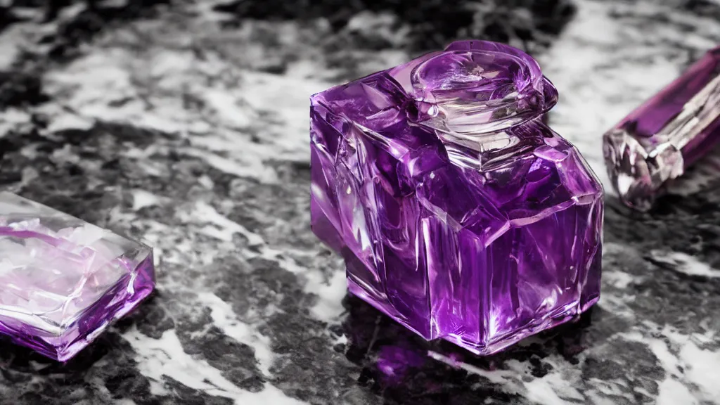 Prompt: close up shot of premium purple coloured perfume on a black marble table, ultra detail, cinematic lighting, symmetrical, rendered, 4k