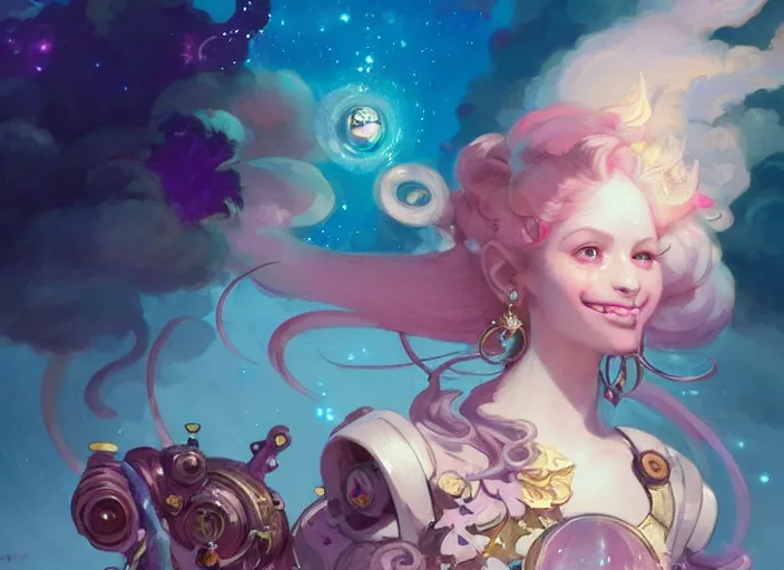Image similar to close up picture of an maximalist dress magical girl, neat hair, smiling, extremely beautiful and aesthetic and detailed cute face and eyes, wipe out evils with cute astronaut familiar sprites, magical beam, chiaroscuro, intricate, masterpiece, fantasy illustrations by peter mohrbacher and anato finnstark and jeremy lipking