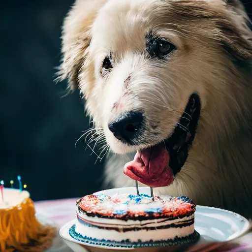 Image similar to a high - quality photo of a romanian shepherd dog with a birthday cake, 4 5 mm, f 3. 5, sharpened, iso 2 0 0, raw, food photography