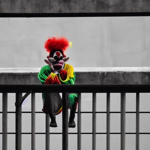 Image similar to uhd closeup of a sad clown on sitting a ledge eating ice cream in the style of tonalism