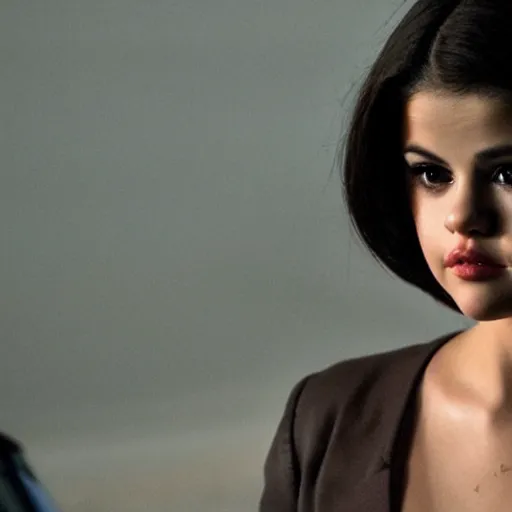 Prompt: close-up of Selena Gomez as a detective in a movie directed by Christopher Nolan, movie still frame, promotional image, imax 70 mm footage