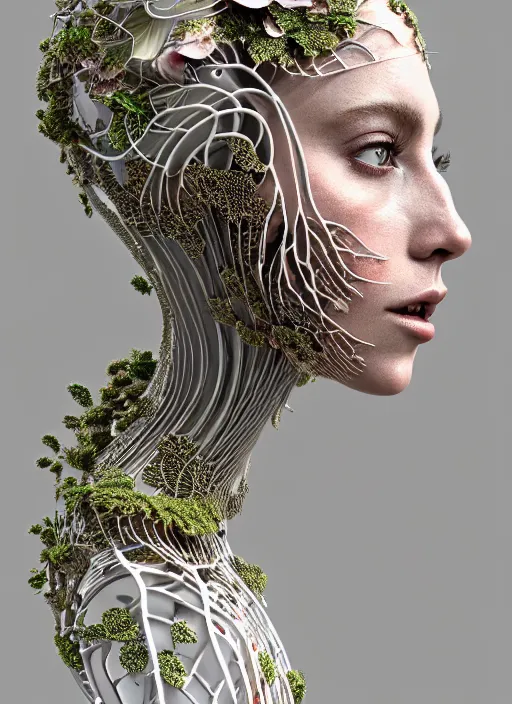 Image similar to complex 3d render ultra detailed of a beautiful porcelain profile woman face, mechanical vegetal cyborg, 150 mm, beautiful natural soft light, rim light, silver gold details, magnolia big leaves and stems, roots, fine foliage lace, mesh wire, Alexander Mcqueen haute couture, lady Gaga style, intricate details, hyperrealistic, mandelbrot fractal, anatomical, red lips, silver metal armor, facial muscles, cable wires, microchip, elegant, white background, octane render, H.R. Giger style, 8k