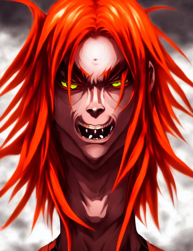 Image similar to a detailed manga portrait of a shadowy handsome demon boy with long crimson hair and glowing orange eyes and fangs, trending on artstation, digital art, 4 k resolution, detailed, high quality, sharp focus, hq artwork, coherent, insane detail, character portrait