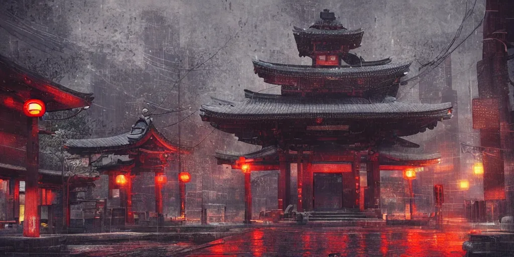 Image similar to “an ancient Japanese temple, shrouded in a cyberpunk city, during a rainy night, 4k, cinematic, neon lights, dark, hyperrealistic, trending of art station”