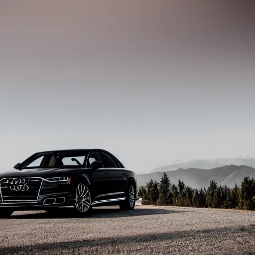 Image similar to a black 2020 audi a8 climbing a mountain in the morning, car photography, 4k professional photo