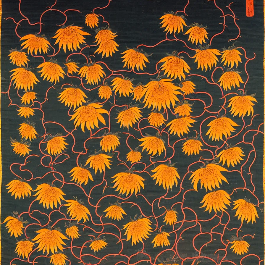 Image similar to nepalese thangka about withered sunflowers and dry nasturtiums with vines, dark tones, moody, night, moonlight