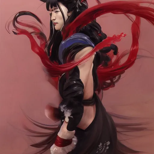 Prompt: portrait of a muscular female fighting shrine maiden miko with long flowing black hair wearing a red hakama over a black leotard, touhou character art by thoma greg rutkowski boris vallejo yoshitaka amano michael whelan nekro illustrated art by ashley wood, detailed painting, shimmer oil on canvas artstation