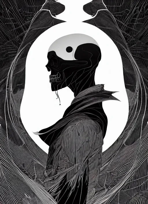 Prompt: portrait of grim reaper, artstation winner by victo ngai, kilian eng and by jake parker, by conrad roset, black and white color lines, winning award masterpiece, fantastically gaudy, aesthetic octane render, 8 k hd resolution