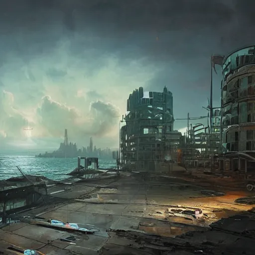 Prompt: a Stunning 3d painting of A Great atompunk city on the sea by Annibale Siconolfi and greg rutkowski,epic lighting,beautiful sky,Retro colour,hyper detailed,8K Resolution