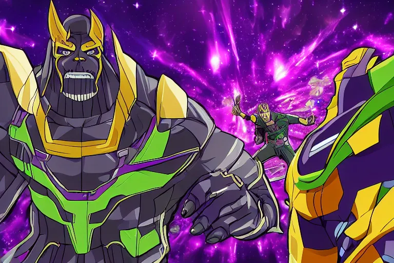 Image similar to Epic anime clash between Thanos and Shaggy, digital art, final confrontation, animated series, epic scene, zoom lines, 4k