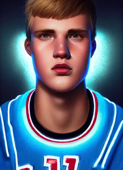 Image similar to portrait of high school senior boy named big moose, blonde short hair, jock, beefy, wide face, square jaw, square facial structure, blue varsity jacket with letter r, intricate, elegant, glowing lights, highly detailed, digital painting, artstation, concept art, sharp focus, illustration, art by wlop, mars ravelo and greg rutkowski