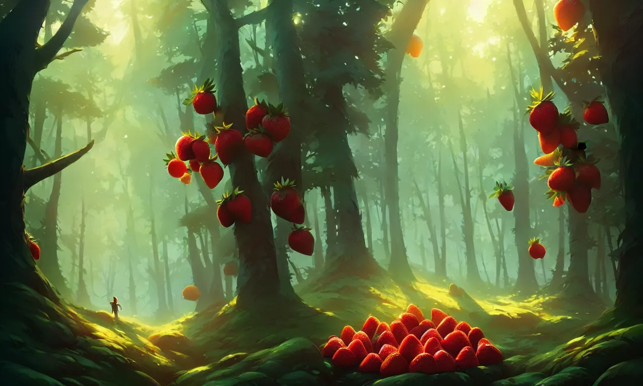 Image similar to Dark forest large strawberries, behance hd by Jesper Ejsing, by RHADS, Makoto Shinkai and Lois van baarle, ilya kuvshinov, rossdraws global illumination