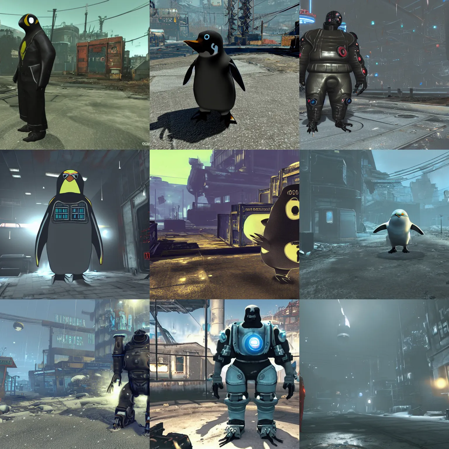 Prompt: cyber penguin in fallout 4