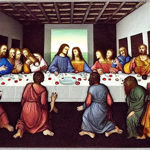 Prompt: The Last Supper by Da Vinci but Shrek instead of Jesus